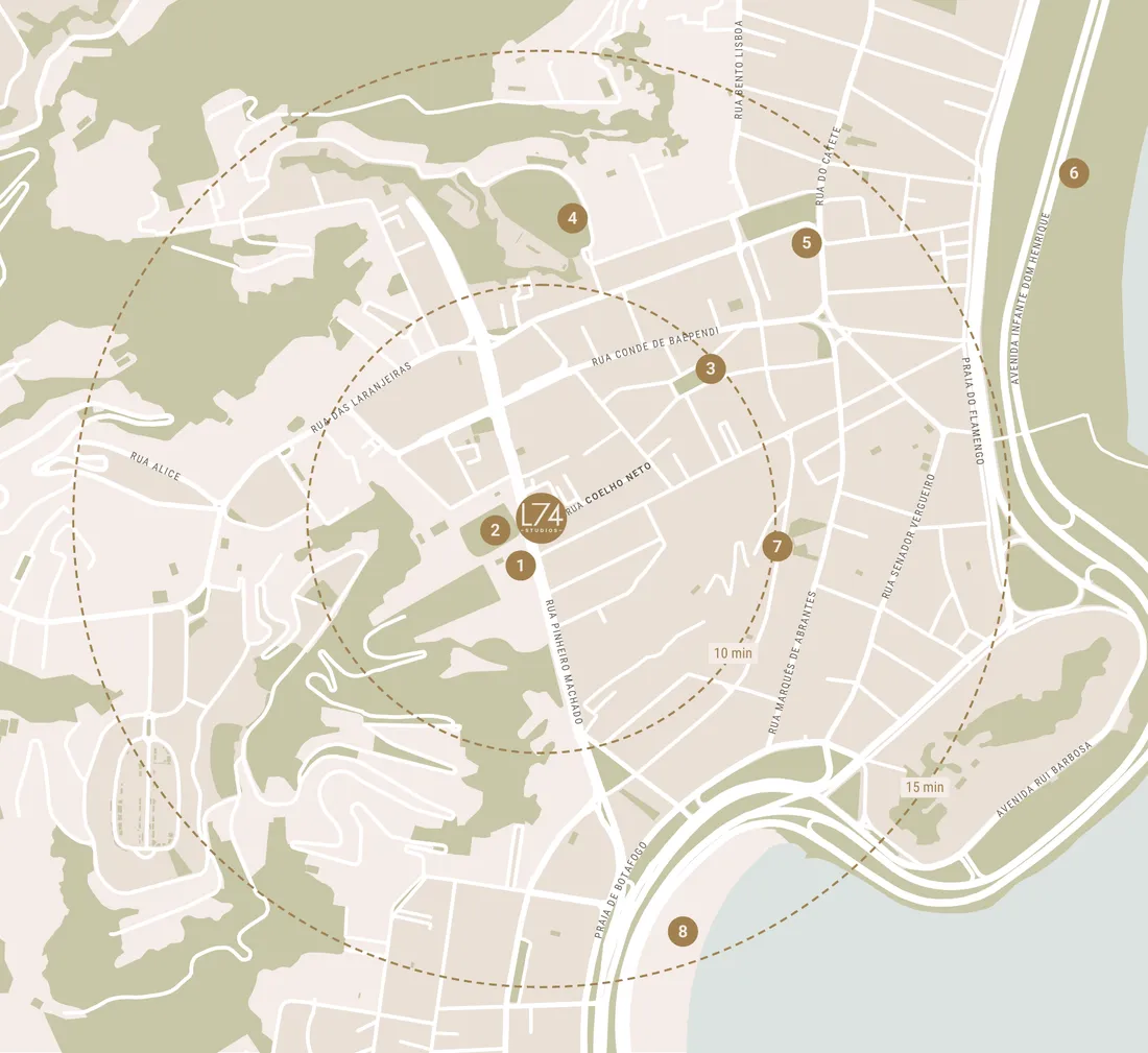 Mapa da região do L74 Studios em Laranjeiras, com Palácio Guanabara, Parque Guinle, Praça São Salvador, metrô e Aterro do Flamengo