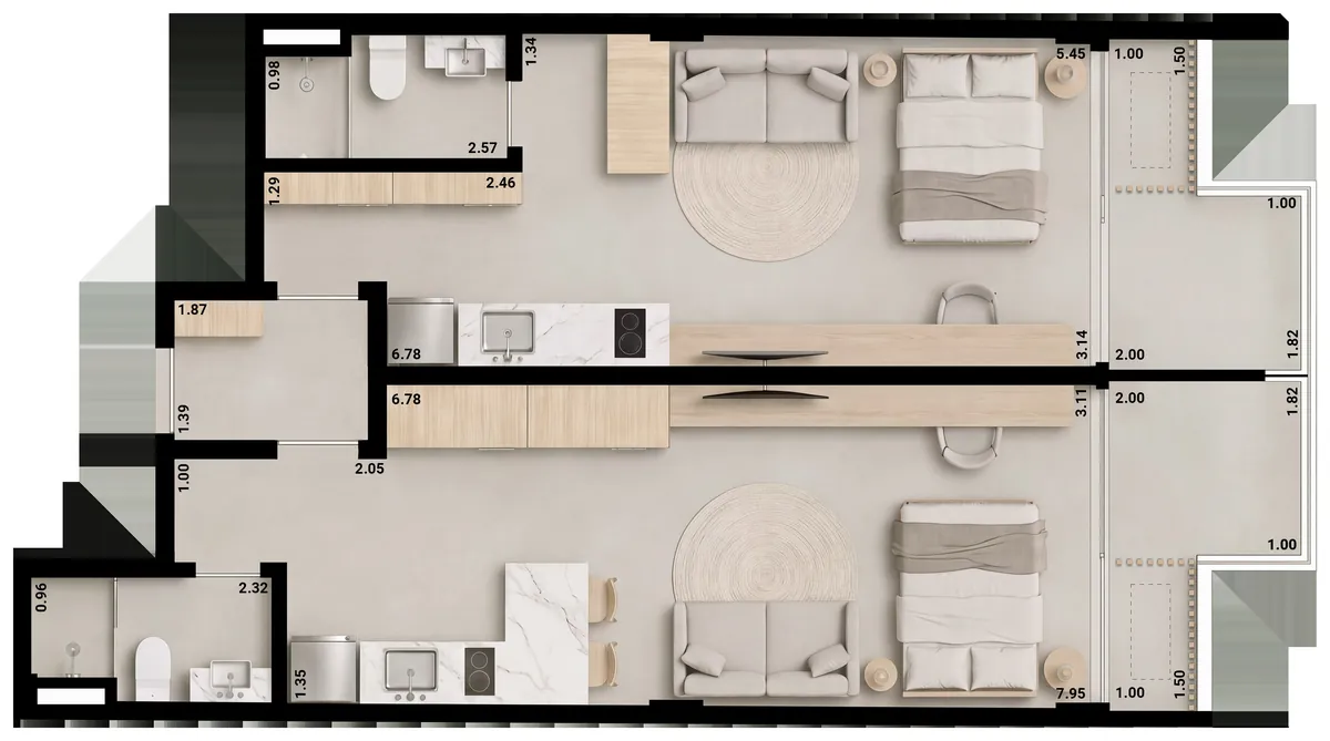 Planta do Double Studio de 72,21 m² do L74 Studios, unidade 502