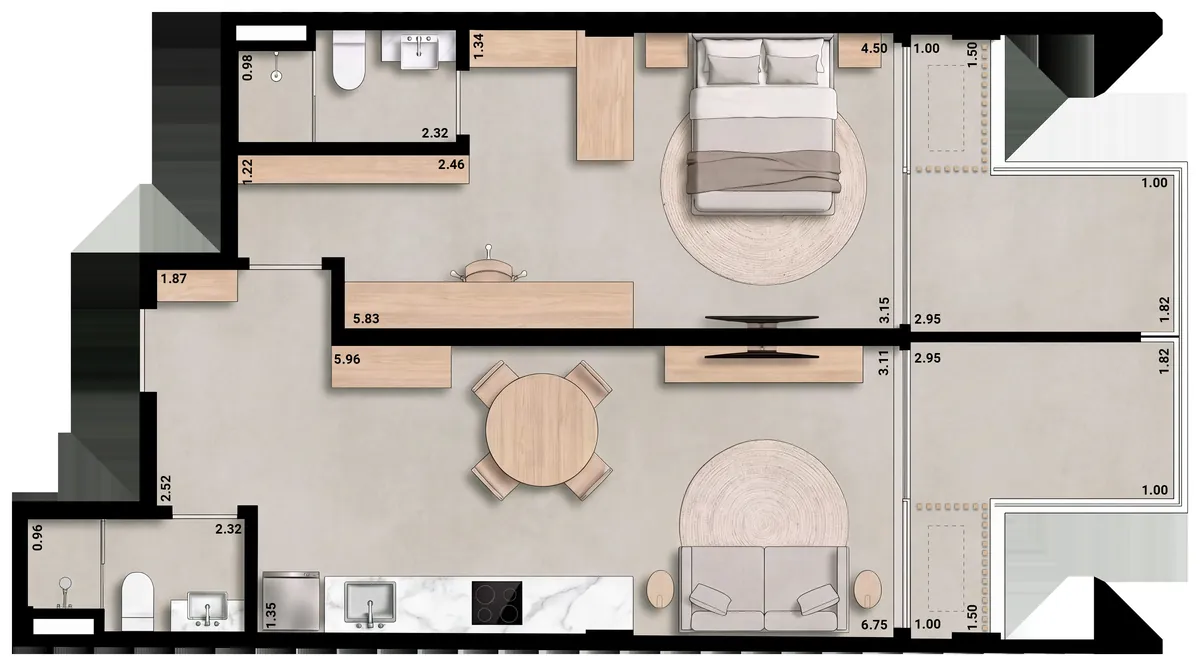 Planta do quarto e sala de 69,34 m² do L74 Studios, unidade 601