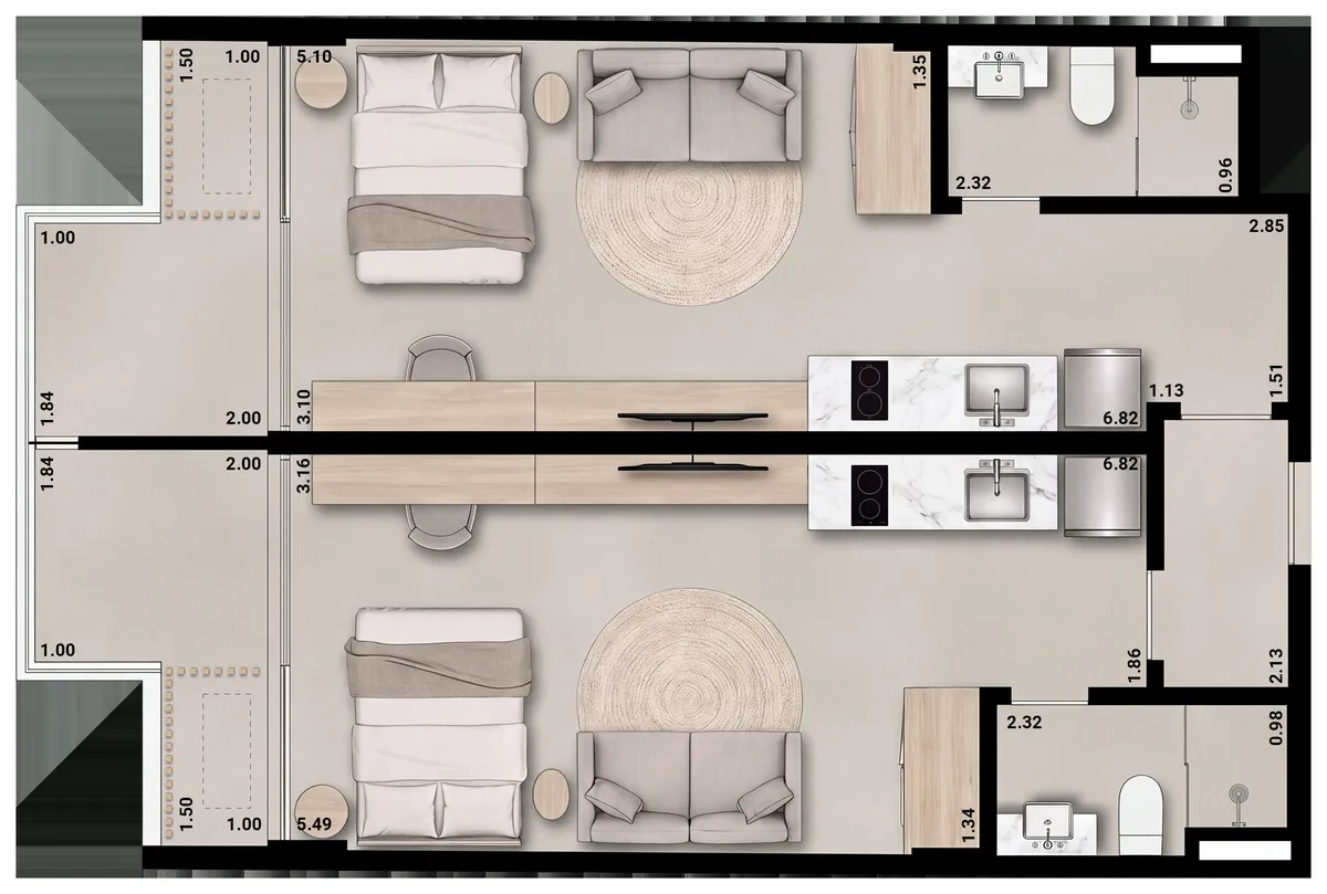 Planta do Double Studio de 66,39 m² do L74 Studios, unidades 201 a 501, com dois studios independentes